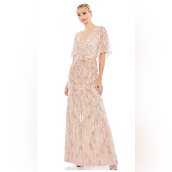 Mac DuggalSequin Twist Waist V-Neck Flutter Short Sleeve Sheath Gown Sz 12 NWT